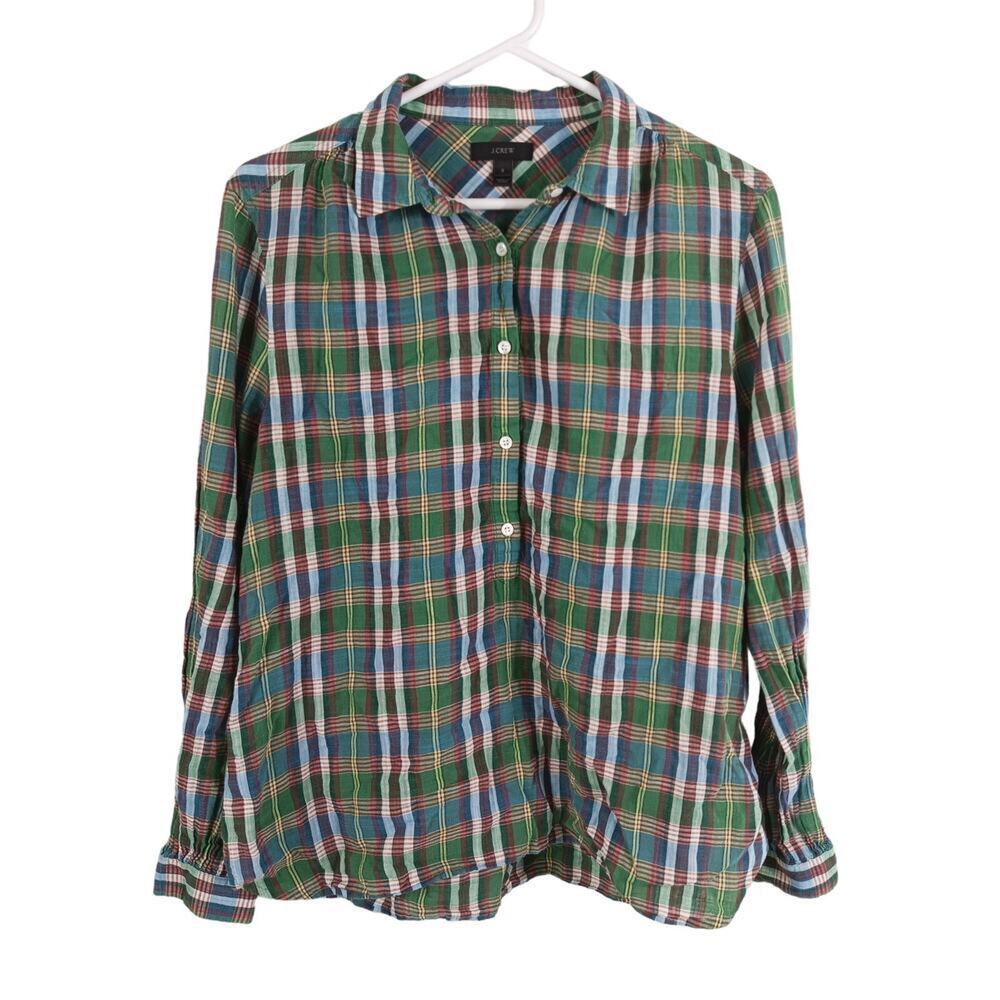 J Crew Womens Size 8 100% Cotton Multicolor Plaid Long Sleeve Blouse